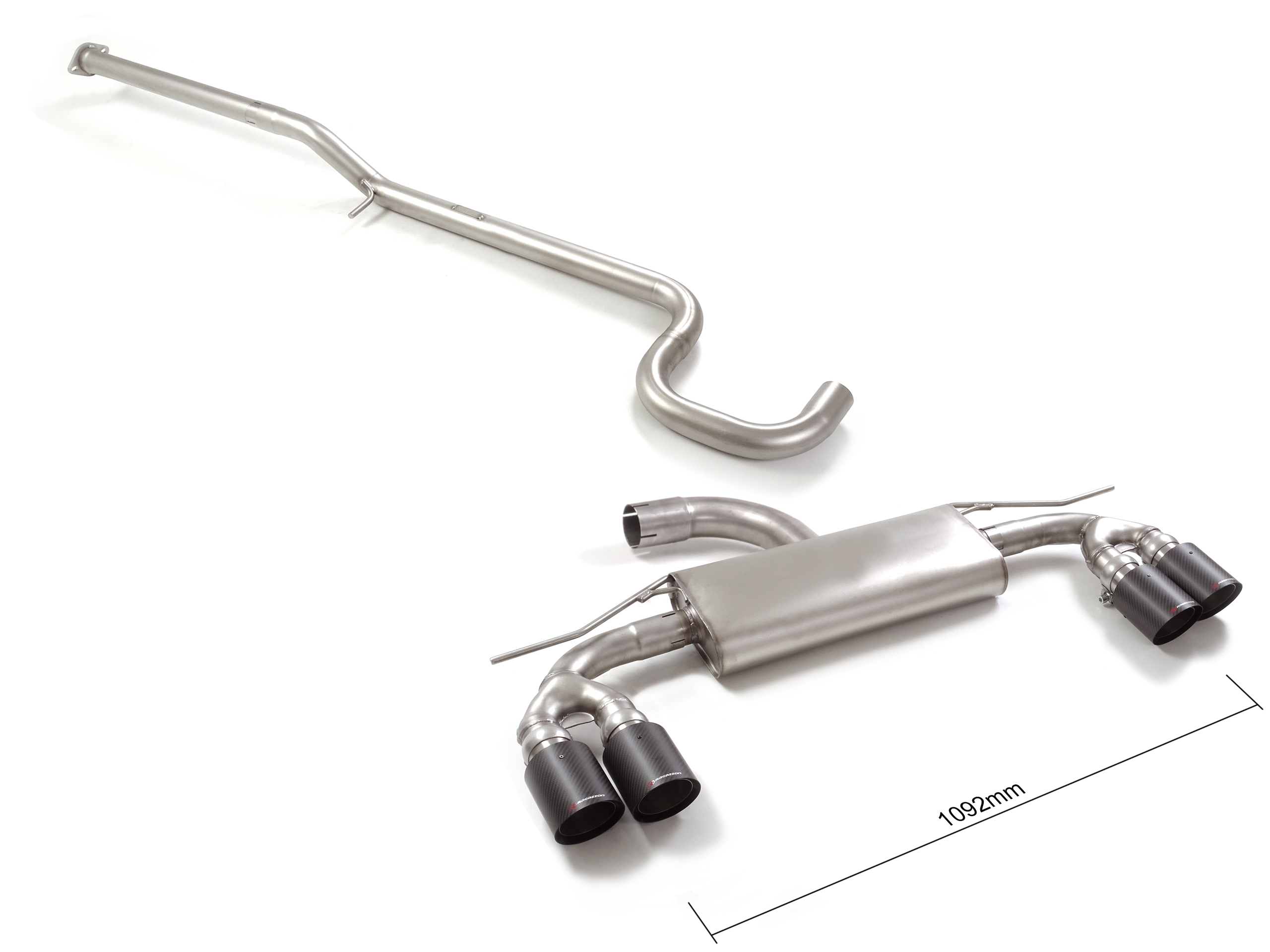 Tubo centrale Gr.N senza silenziatore inox + Posteriore inox sdoppiato con terminali rotondi 2 / 2x90 mm Carbon Shot sfalsati – Audi A3 (typ 8Y 2020>> – Ragazzon