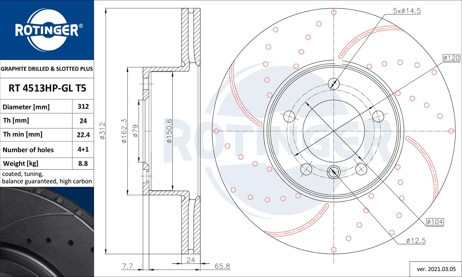 Coppia dischi freno sportivi Forati e baffati Anteriori 312x24 mm BMW Serie 1 F20 F21 2 F22 3 E90 E91 E92 F30 F31 F32 – Rotinger T5 HP - immagine 2